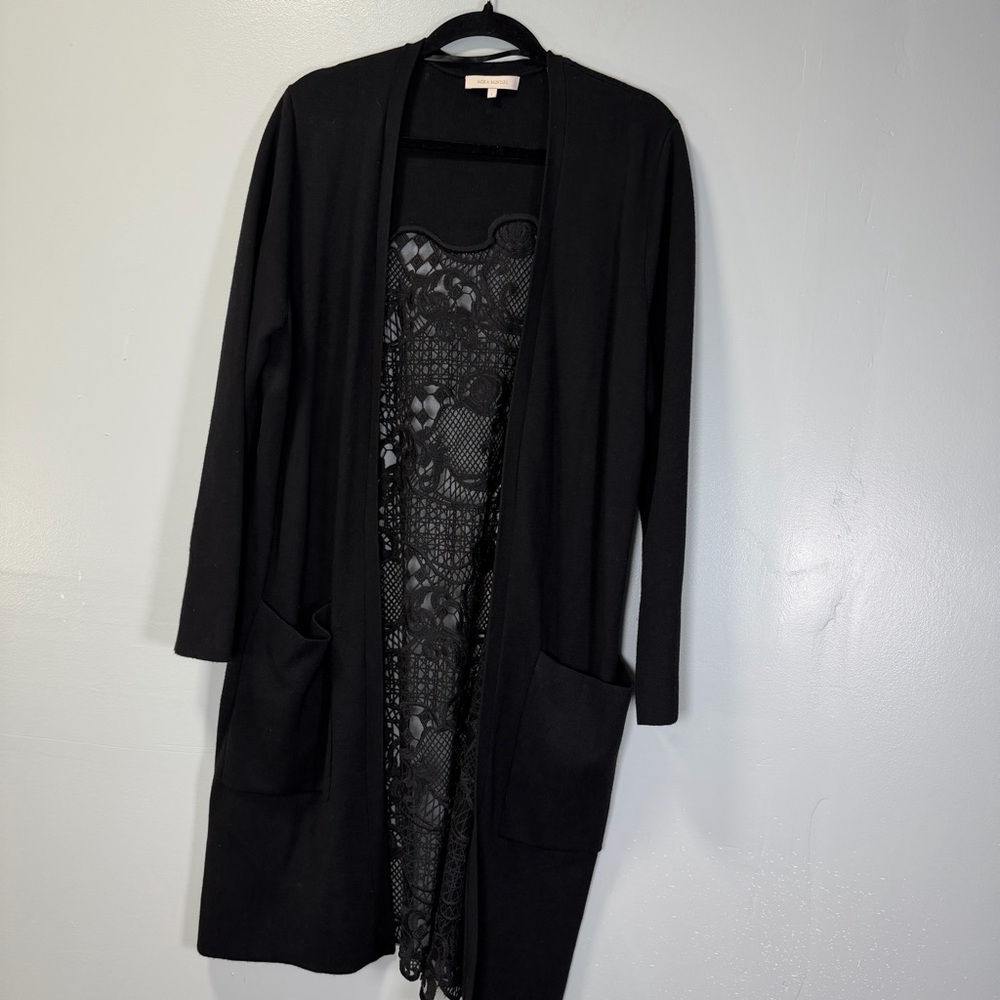 Mika Mindel‎ Long Black Lace Backed Cardigan Sz Large